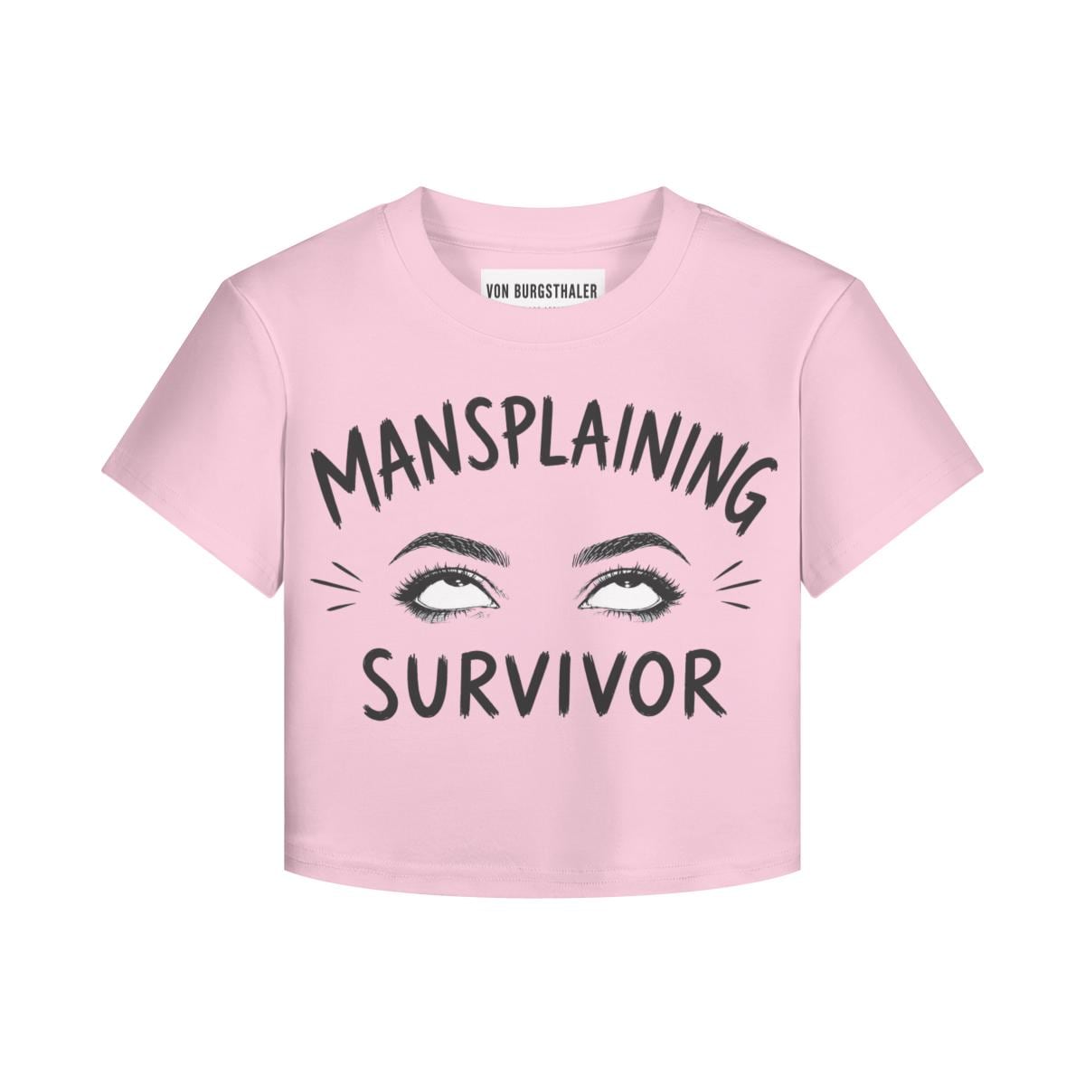 Mansplaining Survivor Baby Tee, Funny Feminist Shirt, Sarcastic Y2K Crop Top, Girl Power Graphic Tee, Smug Eye Roll Feminist Gift