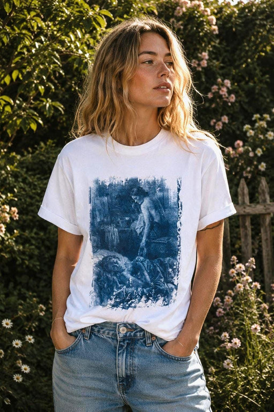 Lesbian LOVERS Cyanotype T-Shirt - Blue Sapphic Art Print Tee –Romantic Classical Illustration Shirt –Vintage Style Poetry Top - Gay Romance