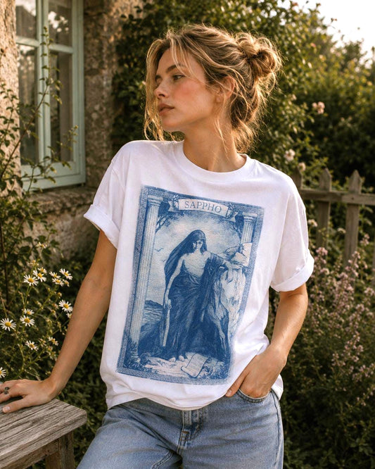 Lesbian SAPPHO Cyanotype T-Shirt – Blue Sapphic Art Print Tee – Romantic Classical Illustration Shirt – Vintage Style Poetry Top