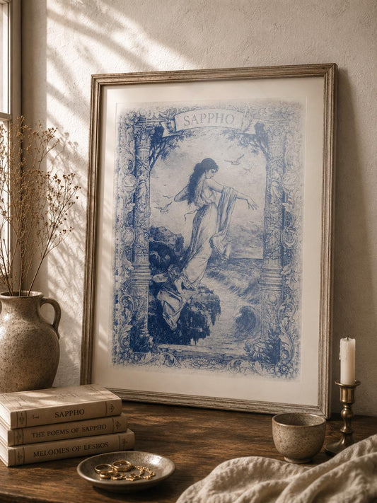 Sappho Poster | Cyanotype Art Print | Romantic Sapphic Wall Decor | Classical Blue Artwork | Queer Home Decor | Lesbian