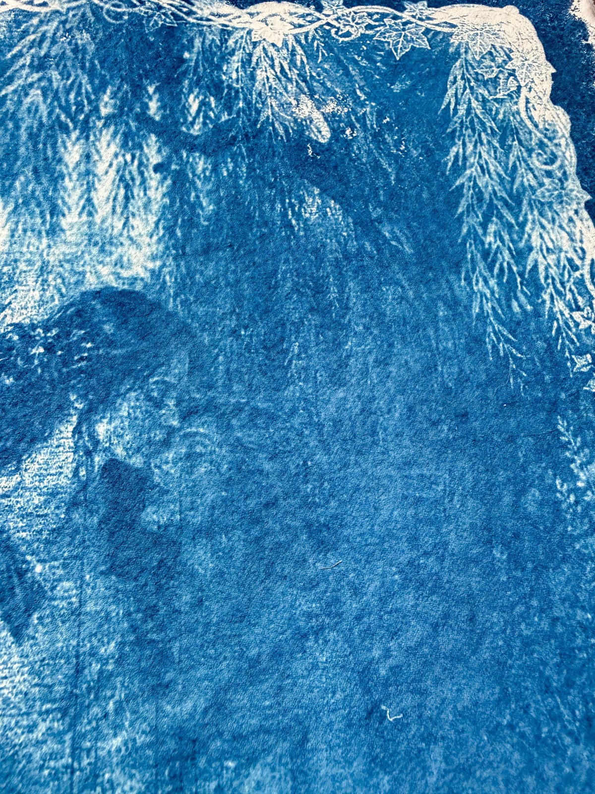 Lesbian Lovers Cyanotype Print, Original Handmade Blue Art on Cotton Rag Paper, A4, Romantic Sapphic Wall Art, Kiss, Tree, weeping willow