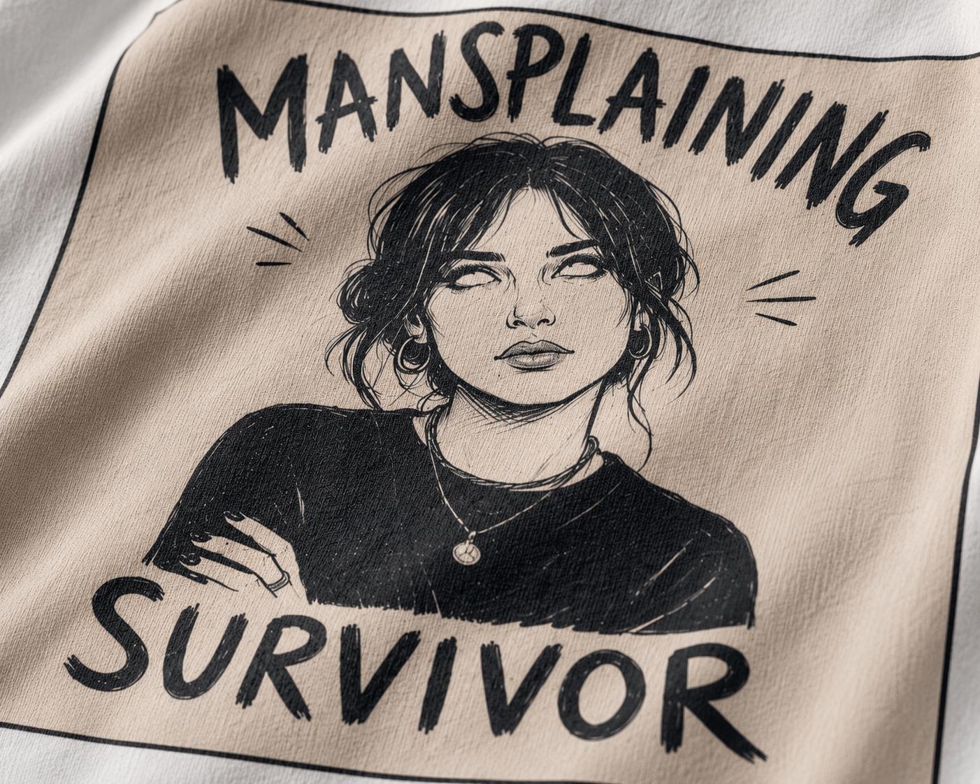 Mansplaining Survivor Shirt, Funny Feminist Graphic Tee, Sarcastic Women's T-Shirt, Girl Power Top, Edgy Sketch Art Gothic Apparel