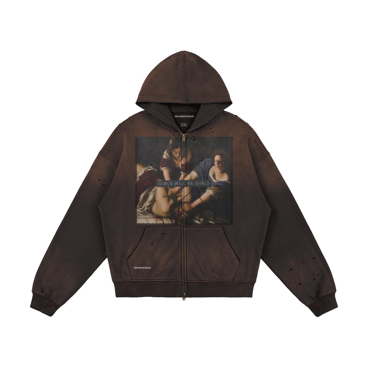 Girls Will Be Girls Sapphic Hoodie, Distressed Lesbian Feminist Zip Up, Artemisia Gentileschi Art Sweatshirt, Dark Academia Graphic Jacket