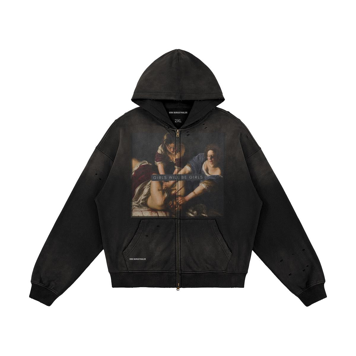 Girls Will Be Girls Sapphic Hoodie, Distressed Lesbian Feminist Zip Up, Artemisia Gentileschi Art Sweatshirt, Dark Academia Graphic Jacket