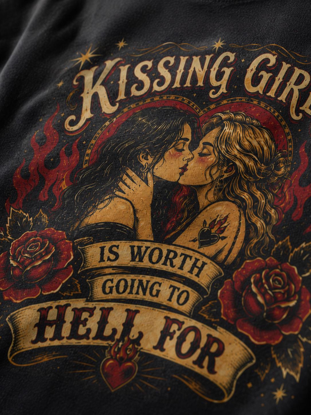 Kissing Girls Is Worth Going To Hell For Shirt | Sapphic Graphic Tee | Lesbian Pride T-Shirt | Retro Pulp Art Top | Queer Feminist Clothing