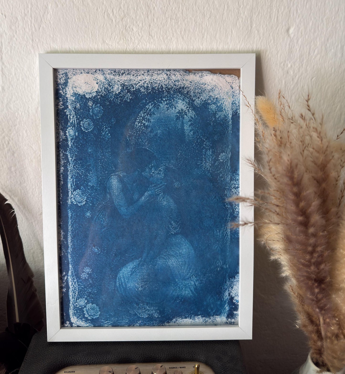 Lesbian Lovers Cyanotype Print, Original Handmade Blue Art on Cotton Rag Paper, A4, Romantic Sapphic Wall Art, Flowers, Roses, Kiss
