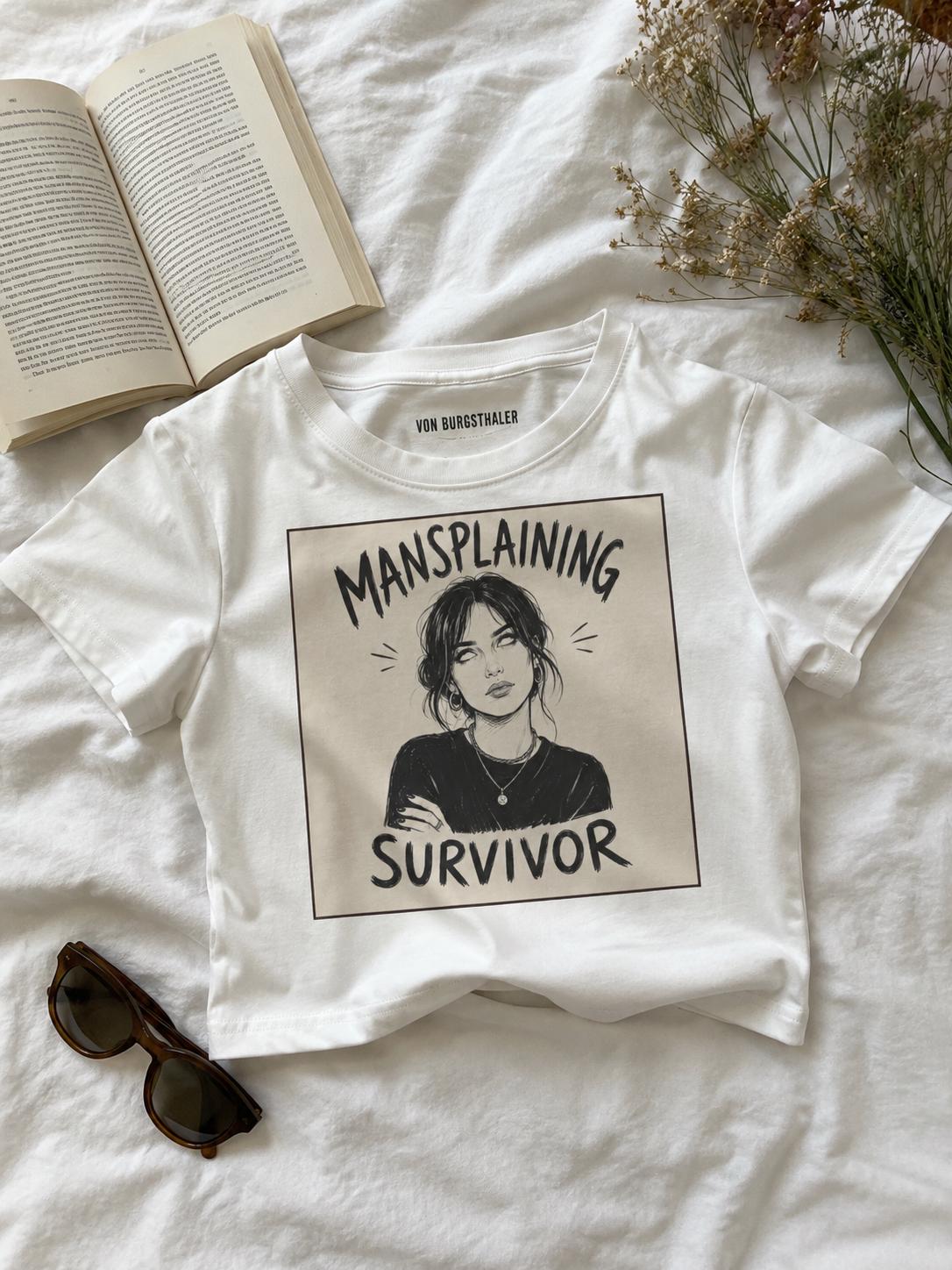 Mansplaining Survivor Baby Tee, Funny Feminist Shirt, Sarcastic Y2K Crop Top, Girl Power Graphic Tee, Smug Eye Roll Feminist Gift