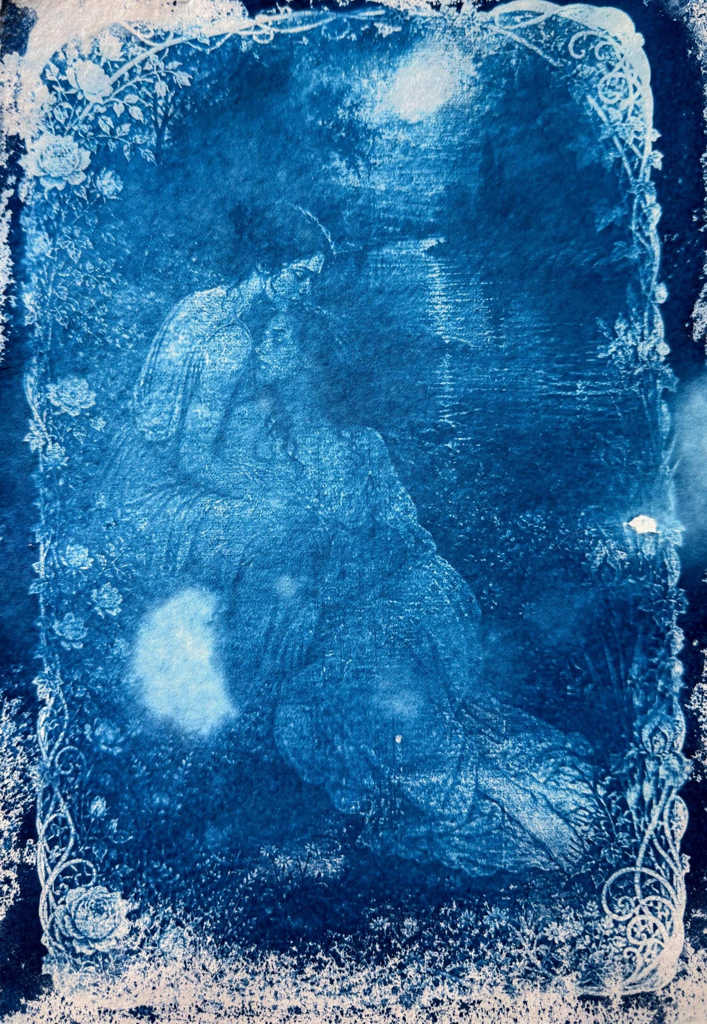 Lesbian Lovers Cyanotype Print, Original Handmade Blue Art on Cotton Rag Paper, A4, Romantic Sapphic Wall Art, moon light, stars, astrology