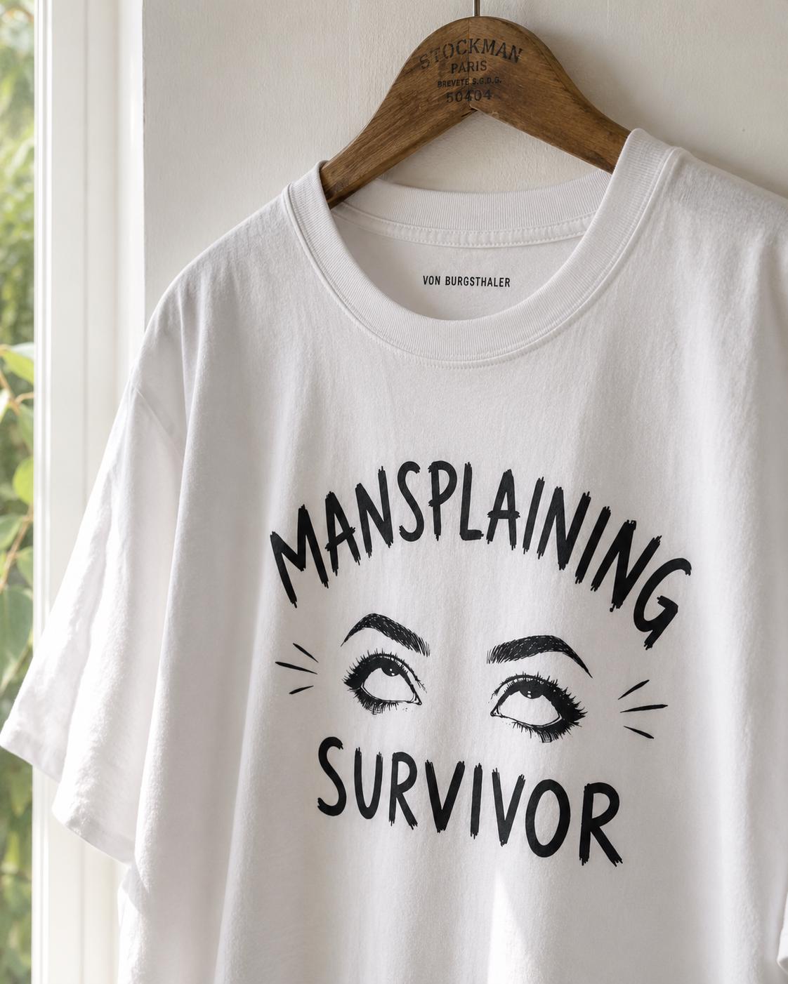 Mansplaining Survivor Shirt, Funny Feminist Graphic Tee, Sarcastic Women's T-Shirt, Girl Power Top, Edgy Sketch Art Gothic Apparel