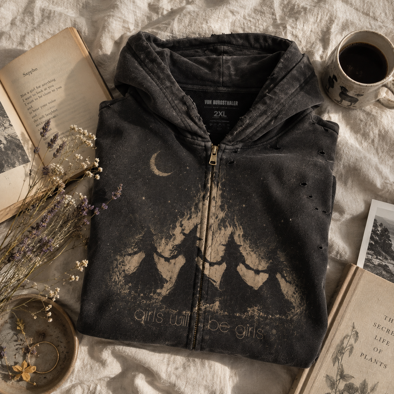 Girls Will Be Girls Zip Up Hoodie, Witchy Coven Distressed, Dark Cottagecore Witchcraft Jacket, Goth Occult Vintage Streetwear, Halloween