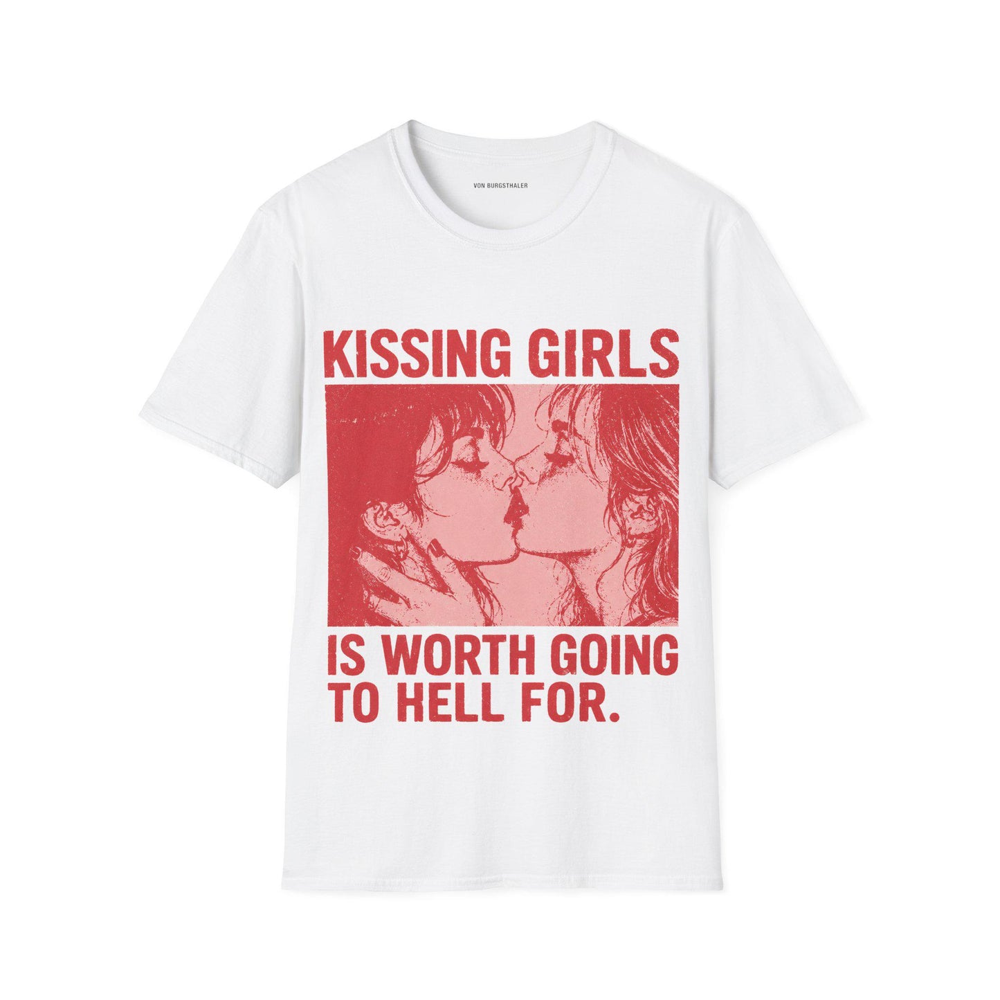 Kissing Girls Is Worth Going To Hell For Shirt | Sapphic Graphic Tee | Lesbian Pride T-Shirt | Retro Pulp Art Top | Queer Feminist Clothing