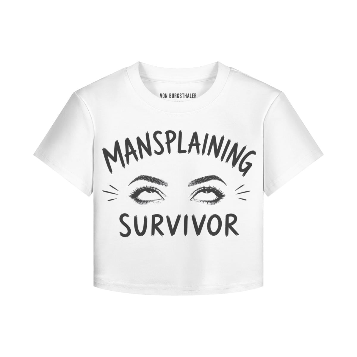 Mansplaining Survivor Baby Tee, Funny Feminist Shirt, Sarcastic Y2K Crop Top, Girl Power Graphic Tee, Smug Eye Roll Feminist Gift