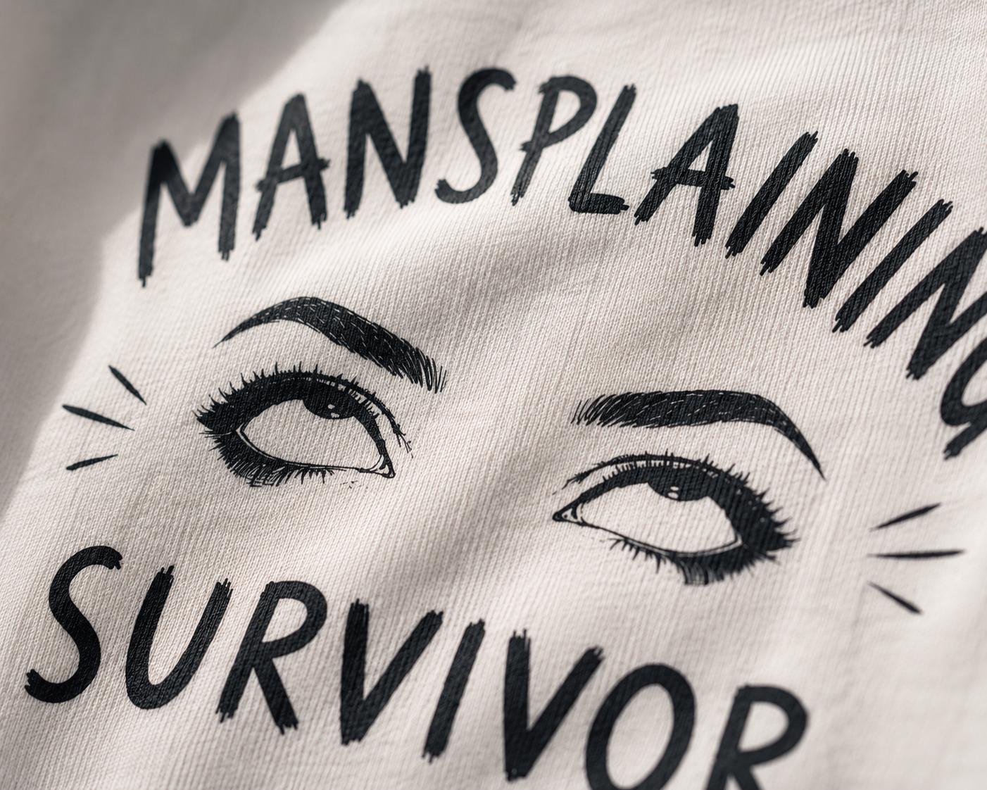 Mansplaining Survivor Shirt, Funny Feminist Graphic Tee, Sarcastic Women's T-Shirt, Girl Power Top, Edgy Sketch Art Gothic Apparel