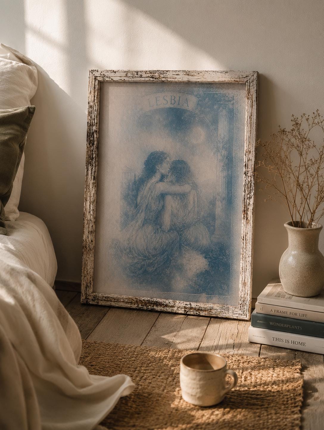 Lesbian Lovers Cyanotype Print, Original Handmade Blue Art on Cotton Rag Paper, A4, Romantic Sapphic Wall Art, Lesbia