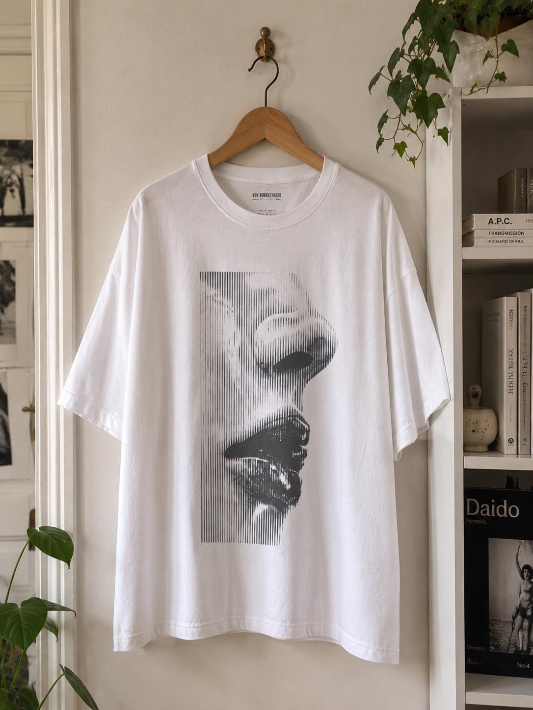 Halftone Face Graphic Tee, Brutalist Minimalist T-Shirt, Optical Illusion Streetwear, Dark Aesthetic Oversized Top, Glitch Portrait Shirt
