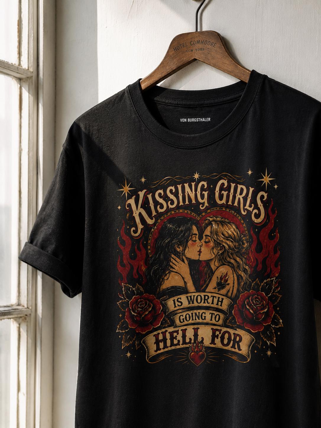Kissing Girls Is Worth Going To Hell For Shirt | Sapphic Graphic Tee | Lesbian Pride T-Shirt | Retro Pulp Art Top | Queer Feminist Clothing
