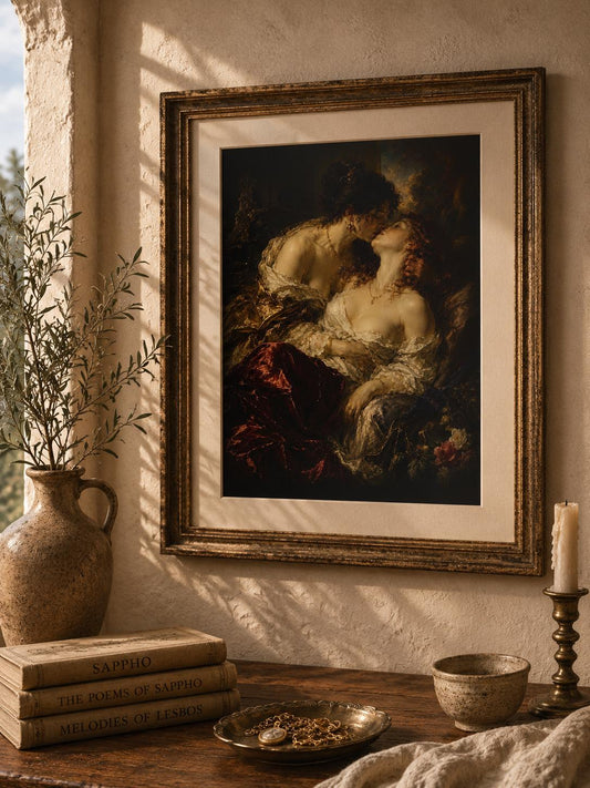 Lesbian Lovers Art Print | Romantic Sapphic Wall Art | Vintage Oil Painting Poster | Queer Bedroom Decor | Dark Academia | Baroque Style
