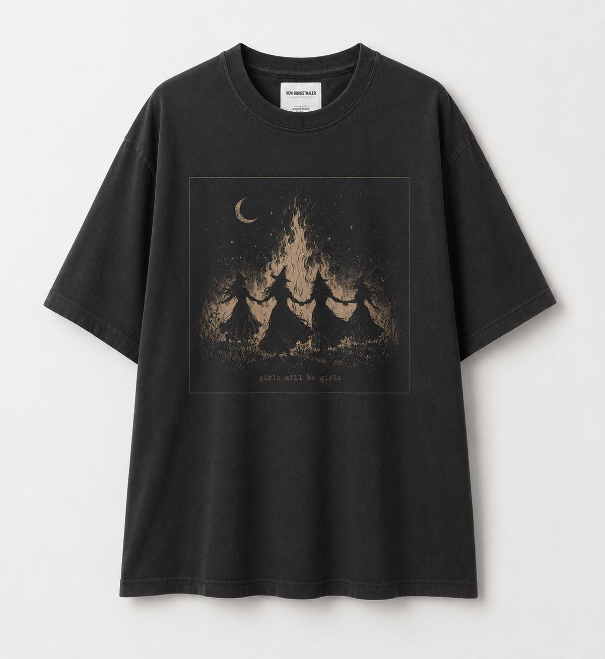Girls Will Be Girls Witch Shirt, Coven Bonfire T-Shirt, Dark Halloween Top, Vintage Witchy Graphic Tee, Goth Aesthetic Merch, Feminist