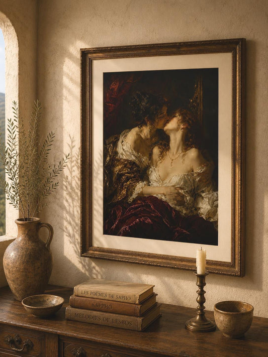 Lesbian Lovers Art Print | Romantic Sapphic Wall Art | Vintage Oil Painting Poster | Queer Bedroom Decor | Dark Academia | Baroque Style