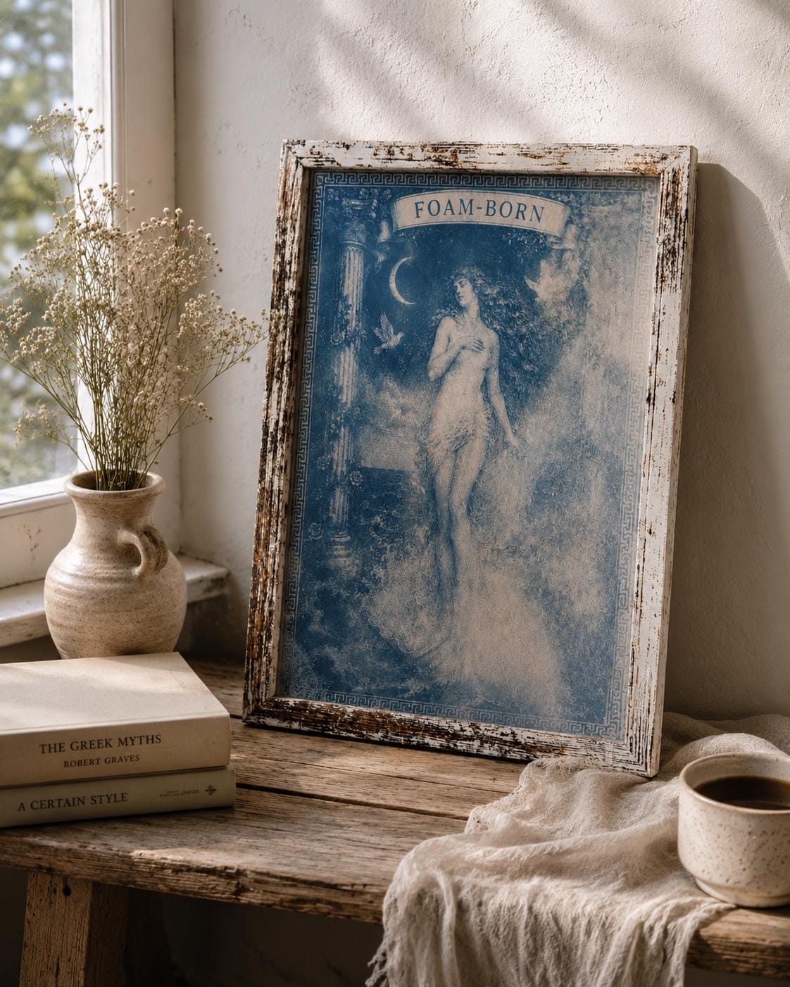 Lesbian lovers, Aphrodite Cyanotype Print, Original Handmade Blue Art on Cotton Rag Paper, A4, Romantic Sapphic Wall Art, Foam Born