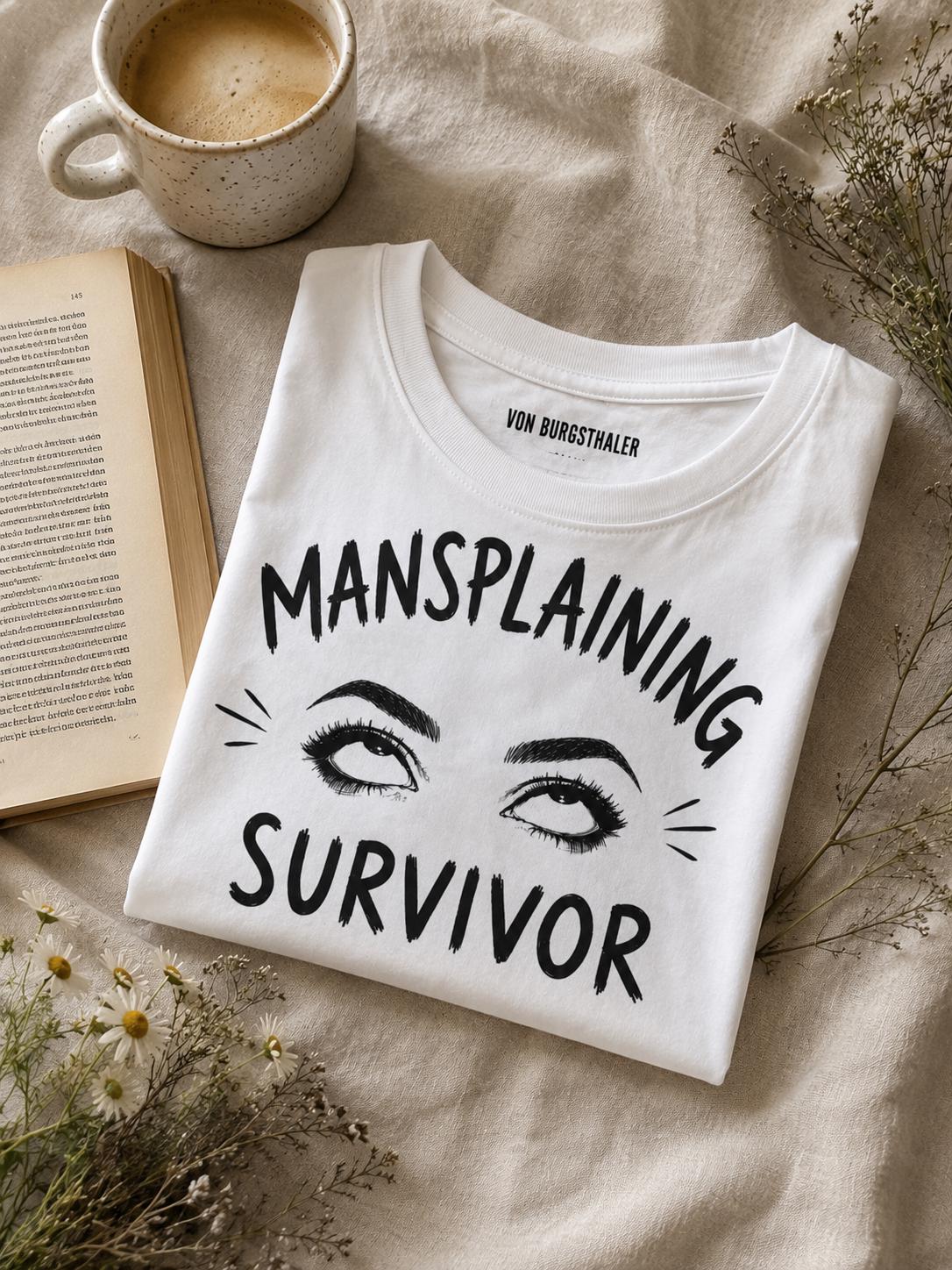 Mansplaining Survivor Baby Tee, Funny Feminist Shirt, Sarcastic Y2K Crop Top, Girl Power Graphic Tee, Smug Eye Roll Feminist Gift