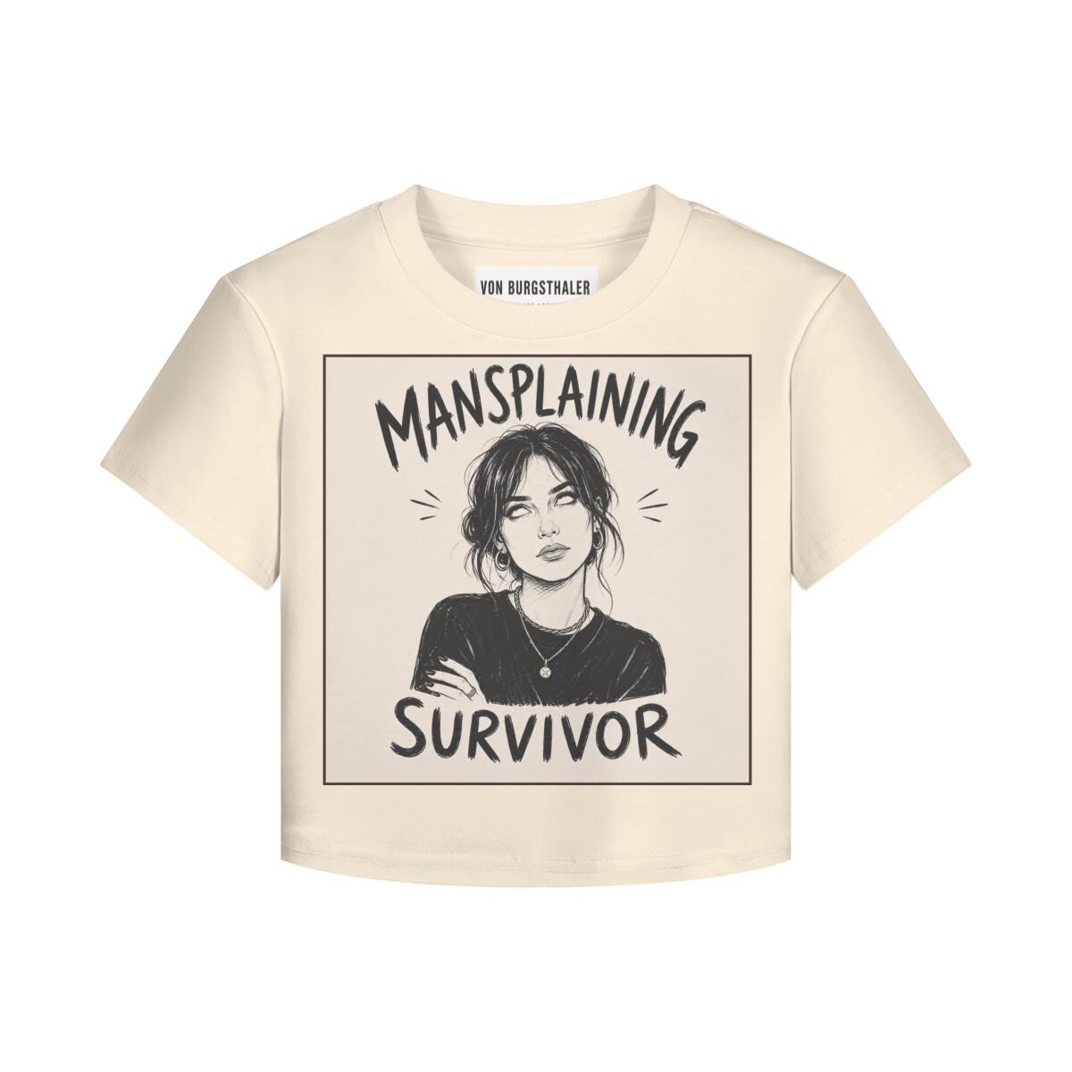 Mansplaining Survivor Baby Tee, Funny Feminist Shirt, Sarcastic Y2K Crop Top, Girl Power Graphic Tee, Smug Eye Roll Feminist Gift