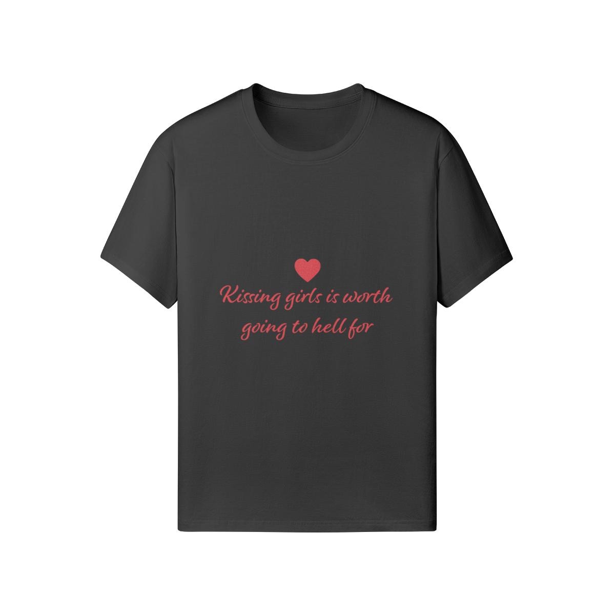 Embroidered Kissing Girls Is Worth Going To Hell For Shirt, Sapphic Heart Tee, Lesbian Pride T-Shirt, Quote Top, Minimalist WLW Clothing