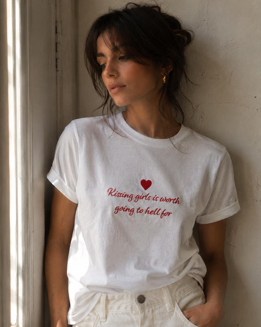 Embroidered Kissing Girls Is Worth Going To Hell For Shirt, Sapphic Heart Tee, Lesbian Pride T-Shirt, Quote Top, Minimalist WLW Clothing
