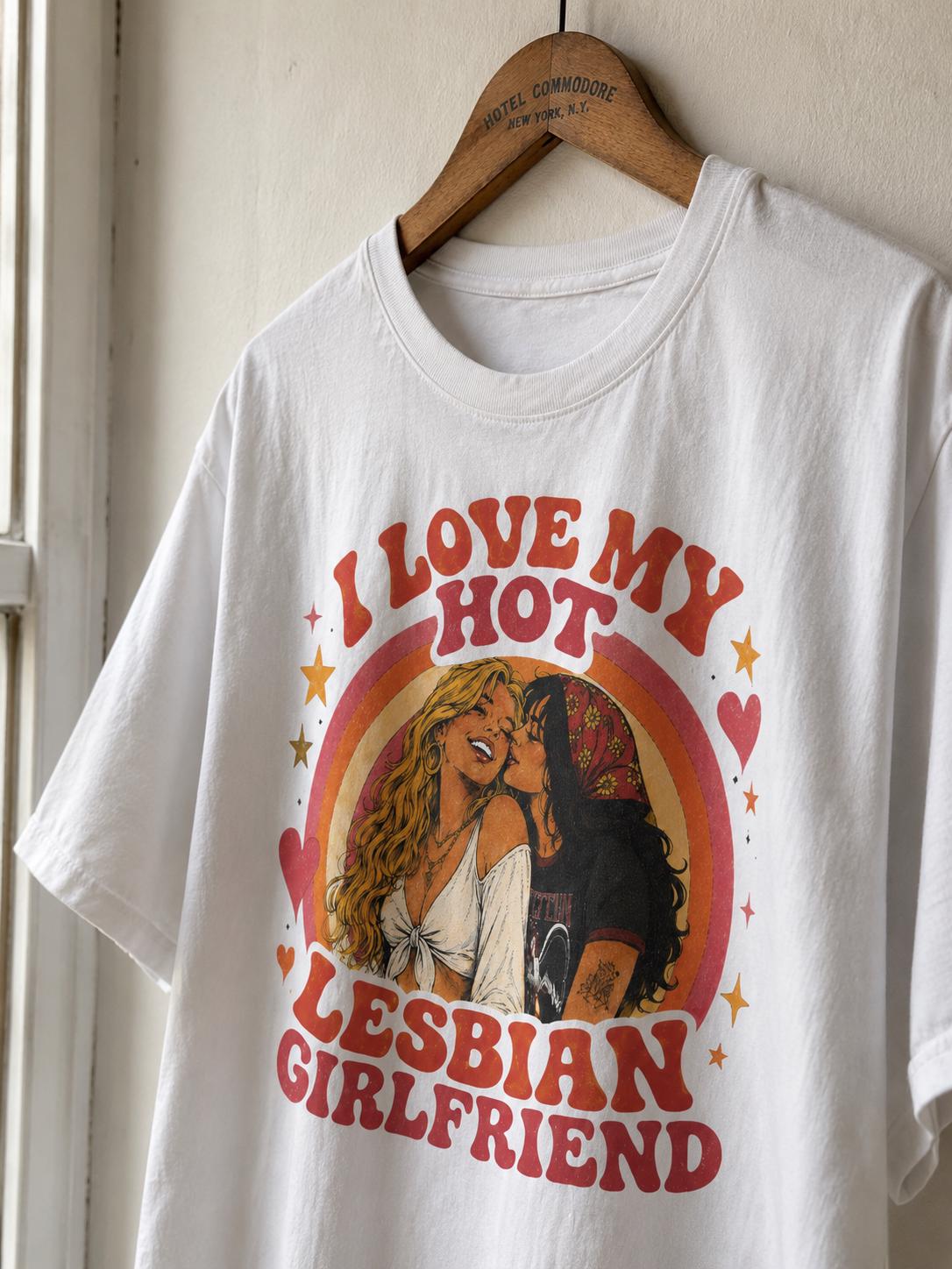 I Love My Hot Lesbian Girlfriend Shirt, Retro Sapphic Graphic Tee, Lesbian Pride T-Shirt, Vintage 70s Queer Aesthetic Top, WLW Couple Gift