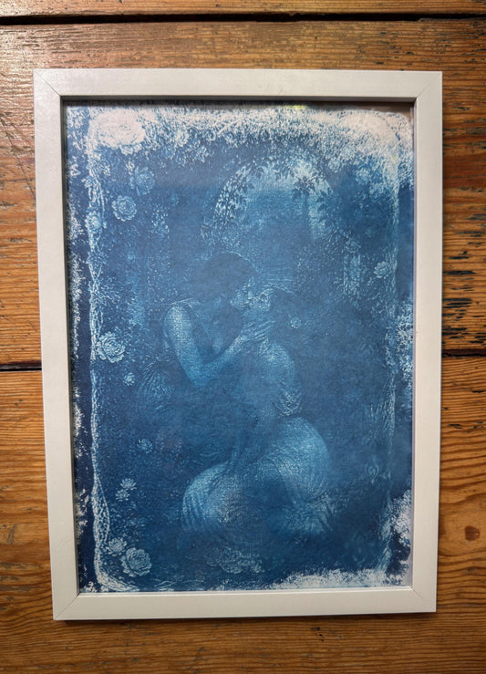 Lesbian Lovers Cyanotype Print, Original Handmade Blue Art on Cotton Rag Paper, A4, Romantic Sapphic Wall Art, Flowers, Roses, Kiss