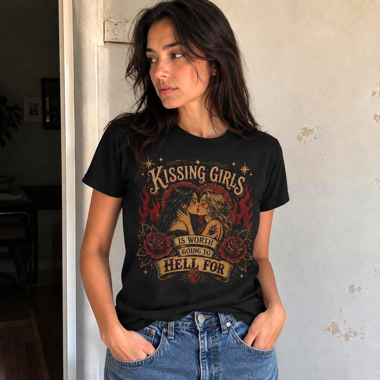 Kissing Girls Is Worth Going To Hell For Shirt | Sapphic Graphic Tee | Lesbian Pride T-Shirt | Retro Pulp Art Top | Queer Feminist Clothing