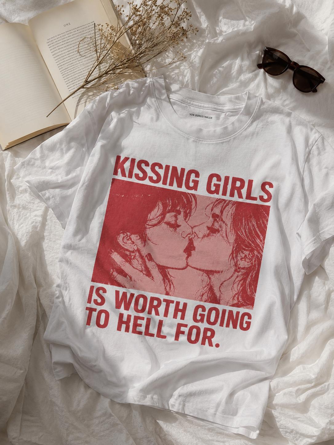 Kissing Girls Is Worth Going To Hell For Shirt | Sapphic Graphic Tee | Lesbian Pride T-Shirt | Retro Pulp Art Top | Queer Feminist Clothing