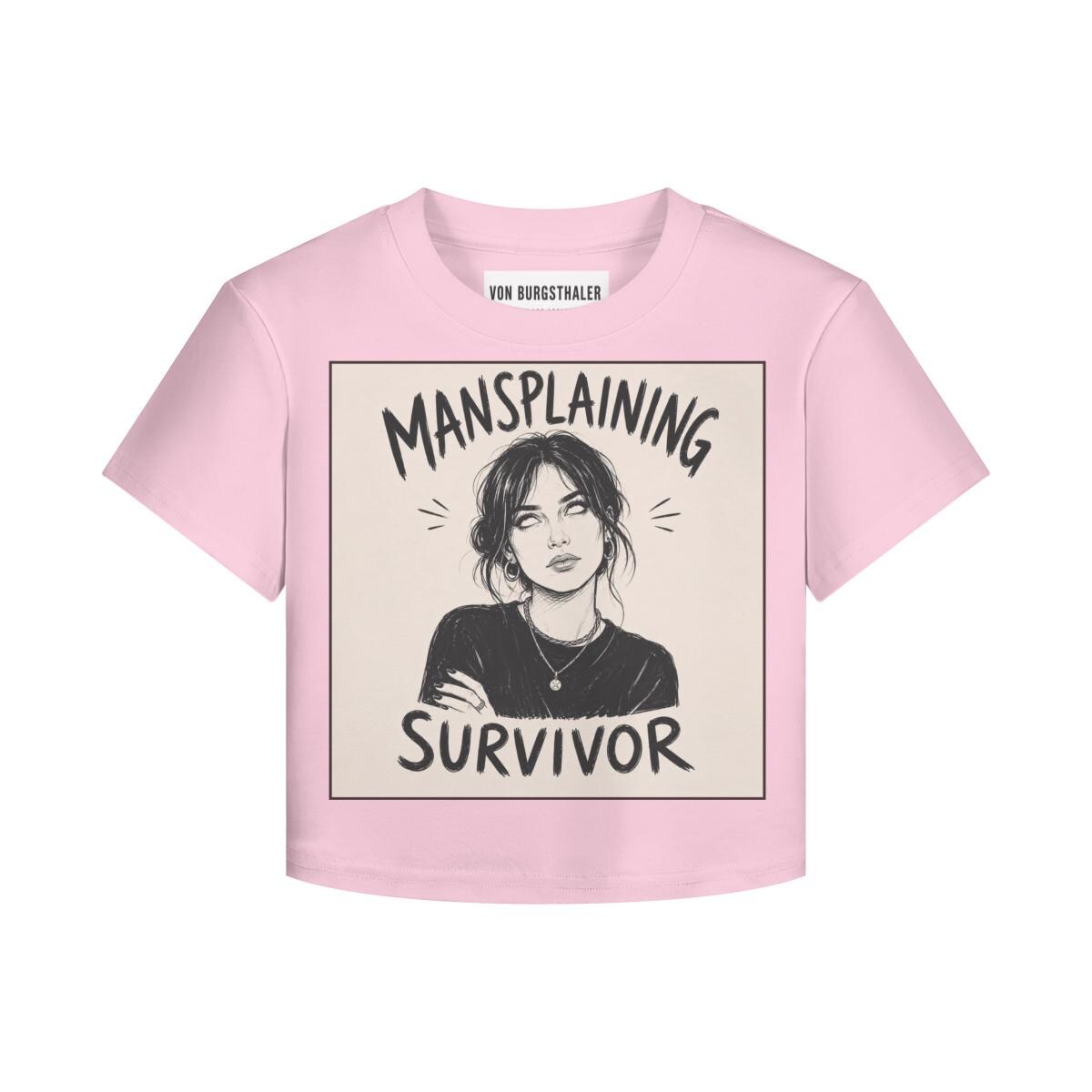 Mansplaining Survivor Baby Tee, Funny Feminist Shirt, Sarcastic Y2K Crop Top, Girl Power Graphic Tee, Smug Eye Roll Feminist Gift