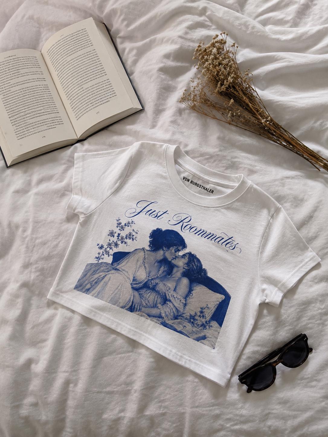 Just Roommates Sapphic Baby Tee | Vintage Mythology Art Crop Top | Coquette Aesthetic Women's Shirt | Classical Lesbian Art Graphic T-Shirt