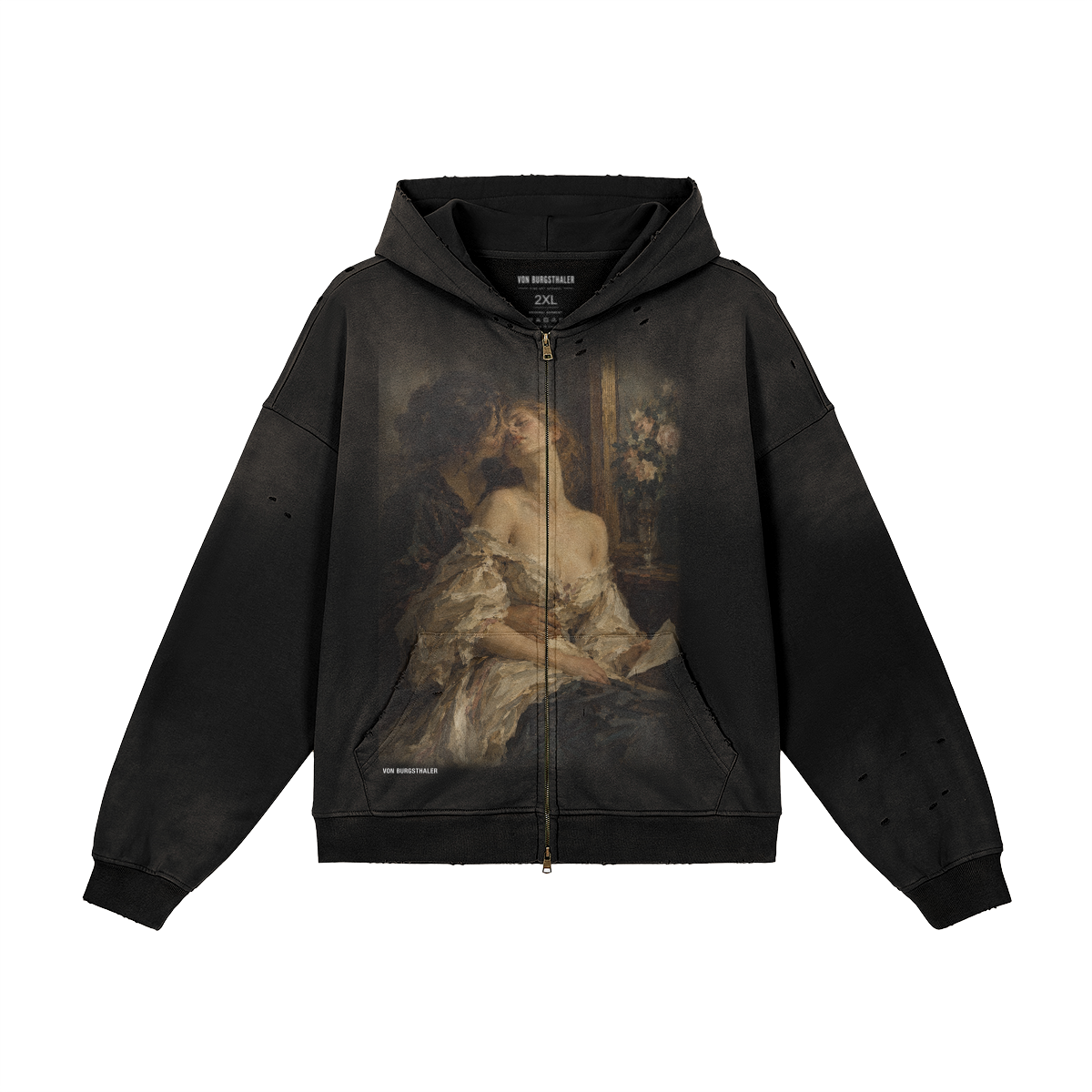 Vintage Renaissance Art Zip Up Hoodie, Sapphic Romantic Painting Distressed Sweatshirt, Dark Academia Lovers Jacket, Aesthetic Goth Hoodie