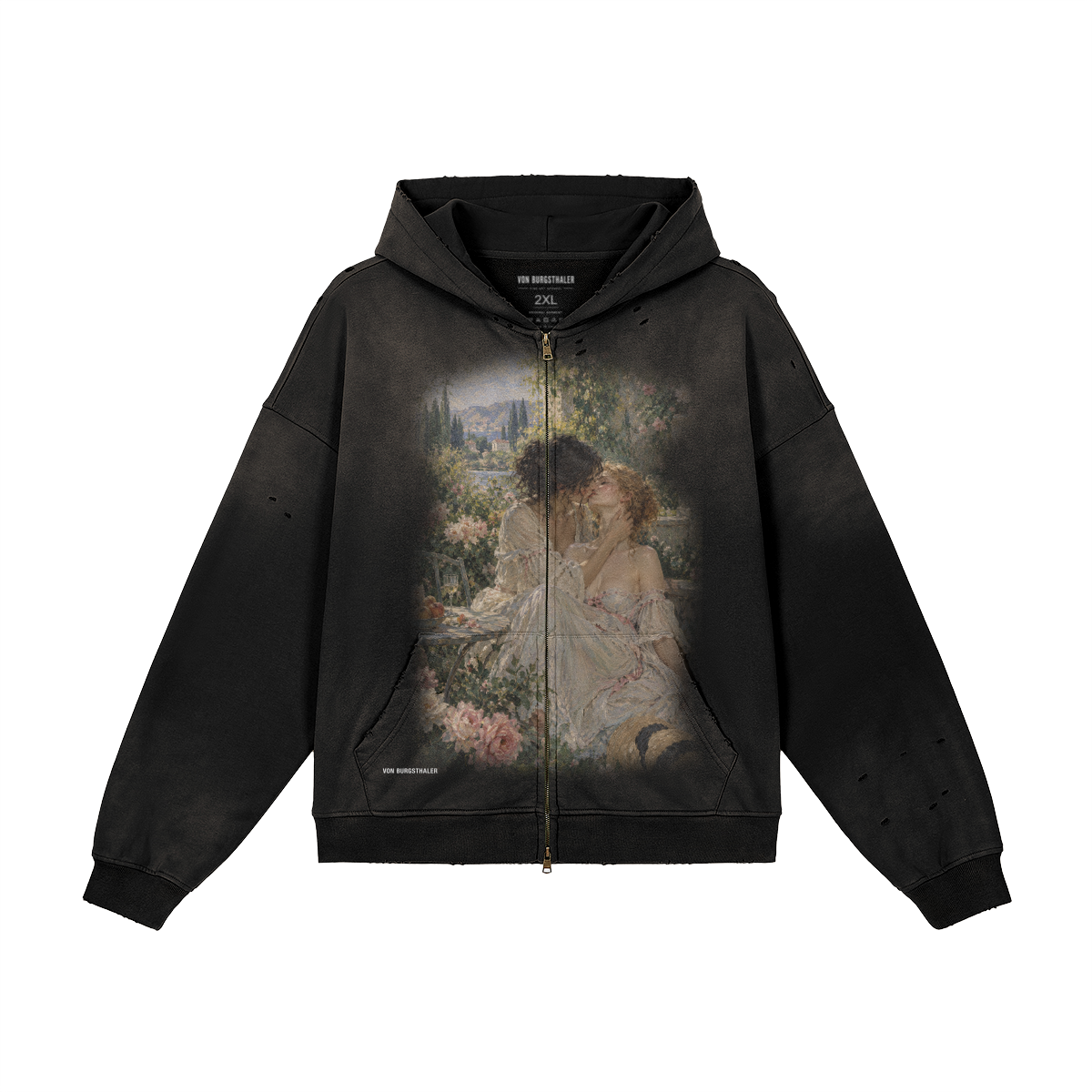 Sapphic Renaissance Art Distressed Zip-Up Hoodie