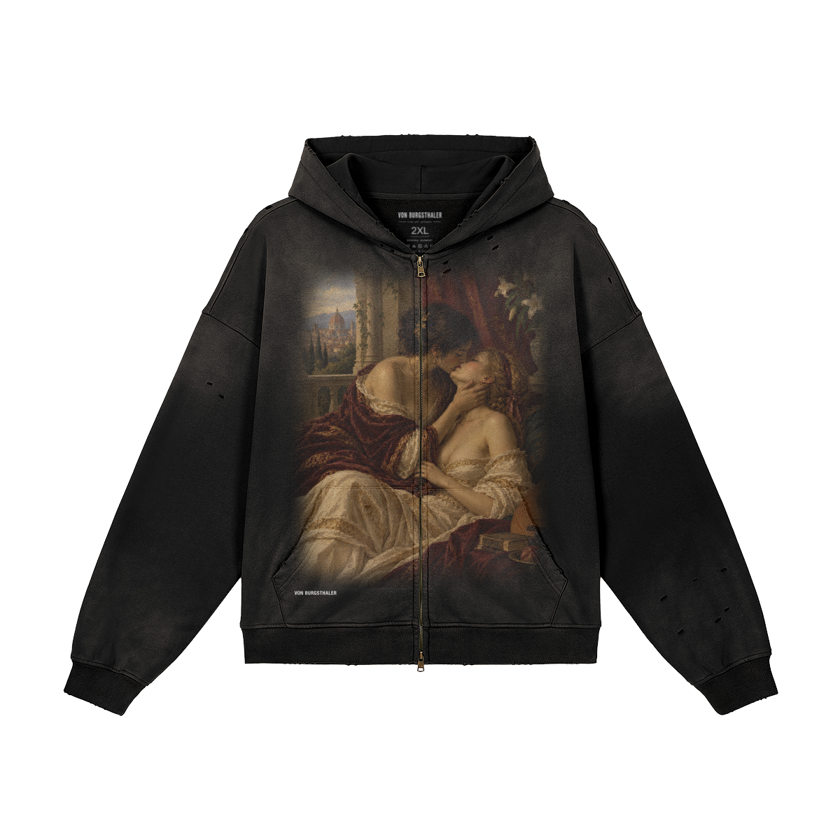 Vintage Renaissance Art Zip Up Hoodie, Sapphic Romantic Painting Distressed Sweatshirt, Dark Academia Lovers Jacket, Aesthetic Goth Hoodie