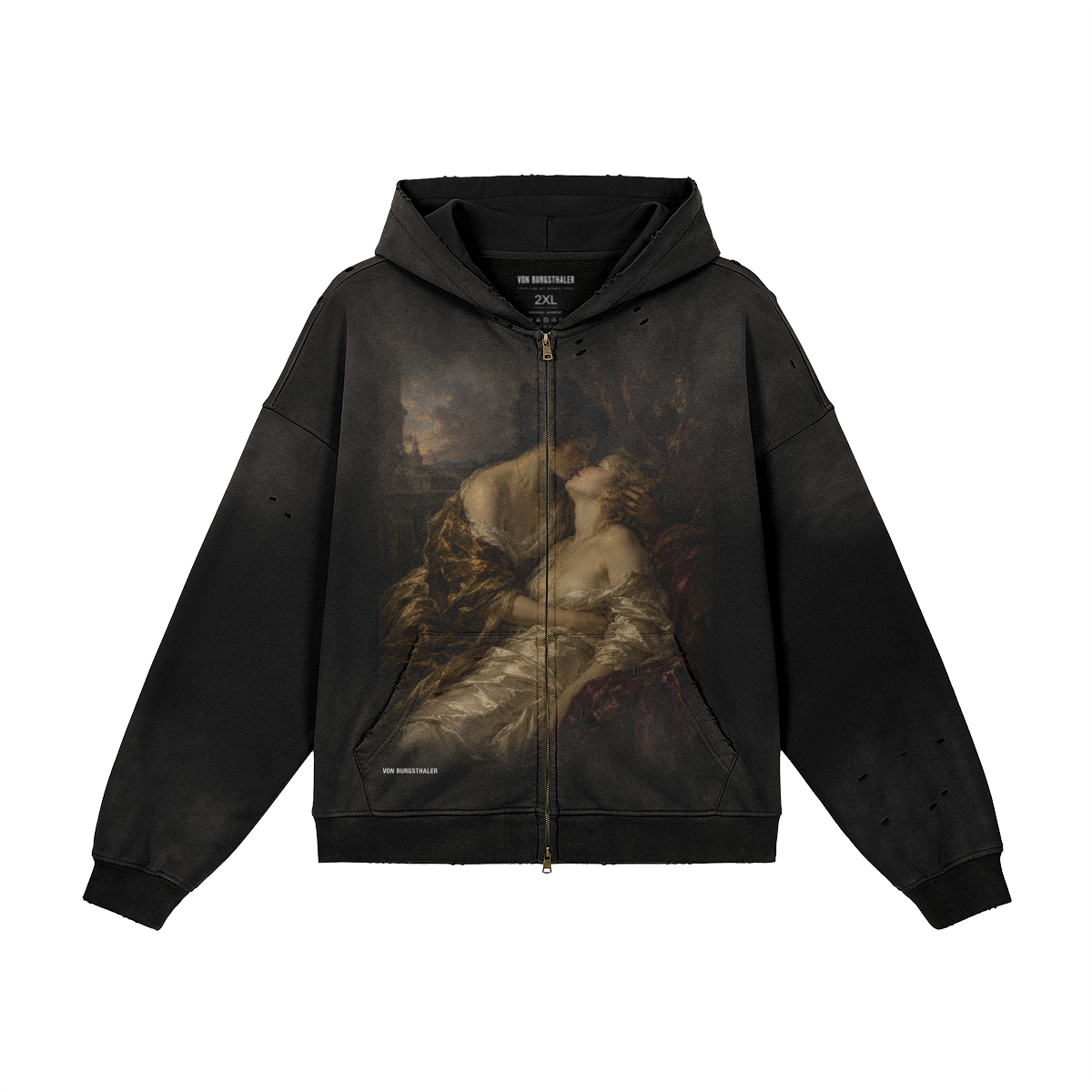 Vintage Renaissance Art Zip Up Hoodie, Sapphic Romantic Painting Distressed Sweatshirt, Dark Academia Lovers Jacket, Aesthetic Goth Hoodie