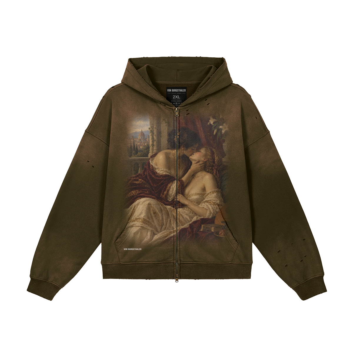 Vintage Renaissance Art Zip Up Hoodie, Sapphic Romantic Painting Distressed Sweatshirt, Dark Academia Lovers Jacket, Aesthetic Goth Hoodie