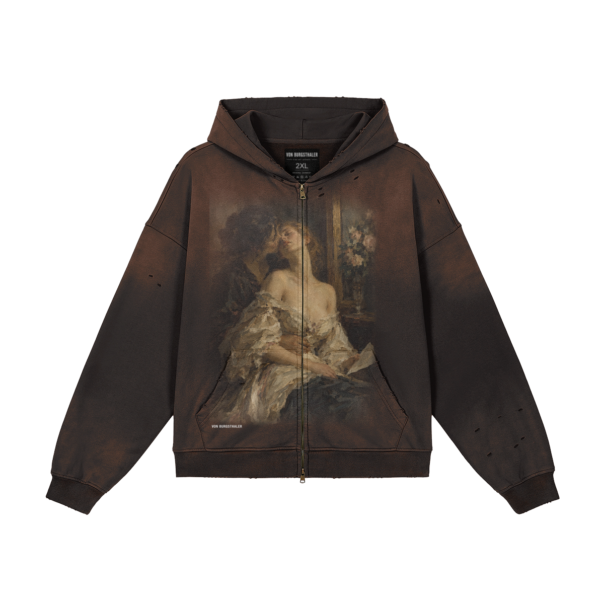 Vintage Renaissance Art Zip Up Hoodie, Sapphic Romantic Painting Distressed Sweatshirt, Dark Academia Lovers Jacket, Aesthetic Goth Hoodie