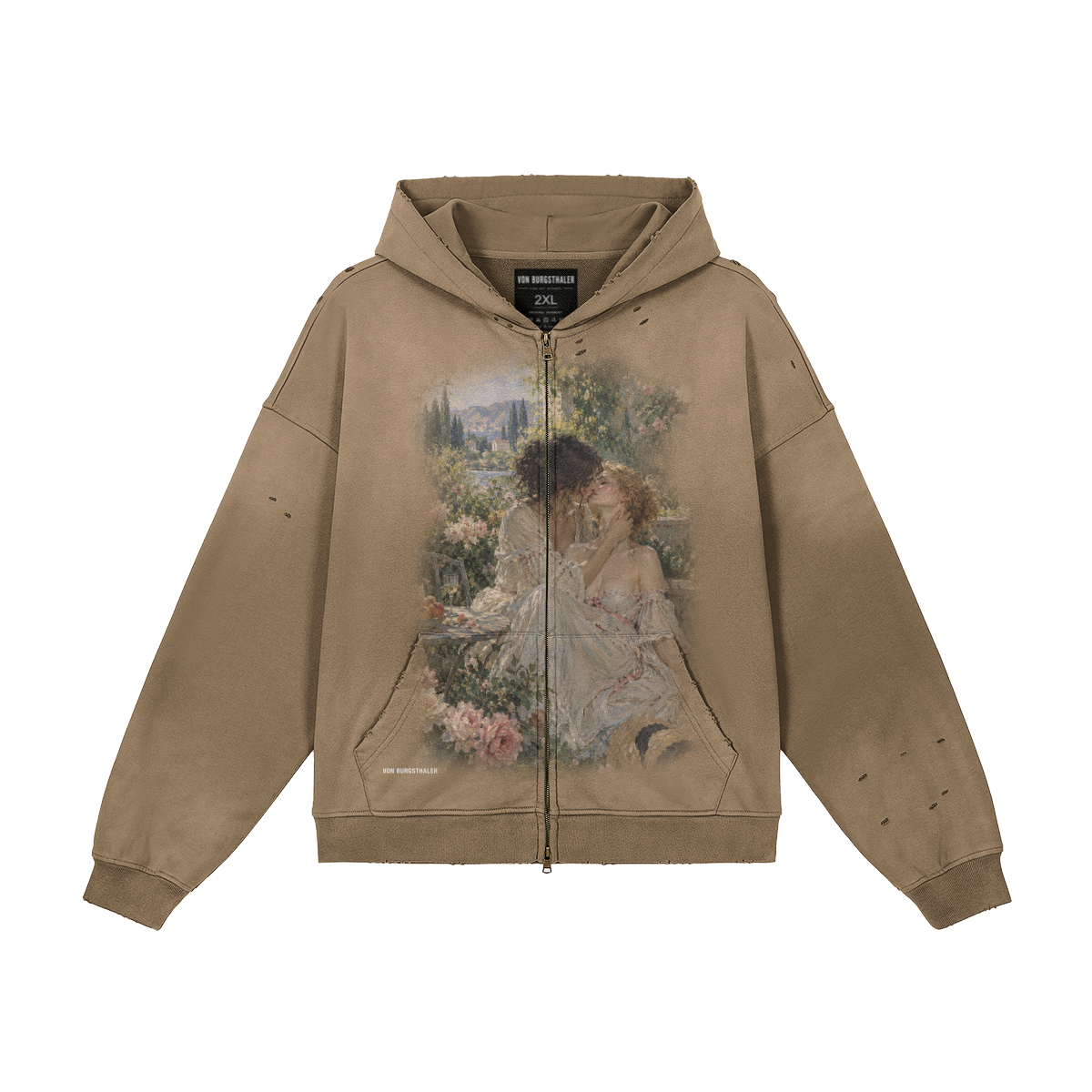 Sapphic Renaissance Art Distressed Zip-Up Hoodie