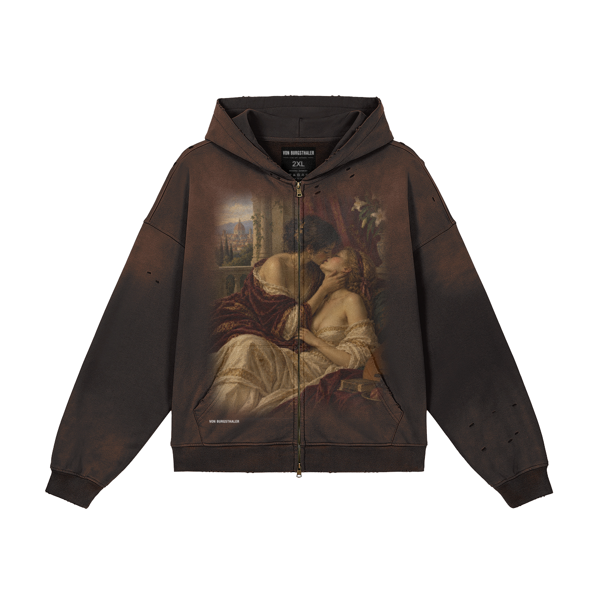 Vintage Renaissance Art Zip Up Hoodie, Sapphic Romantic Painting Distressed Sweatshirt, Dark Academia Lovers Jacket, Aesthetic Goth Hoodie