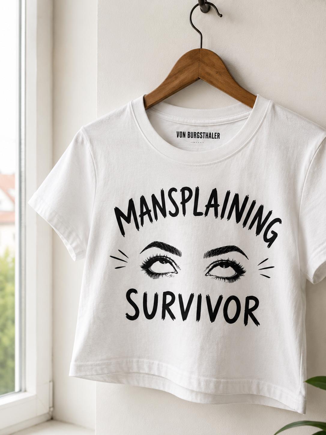 Mansplaining Survivor Baby Tee, Funny Feminist Shirt, Sarcastic Y2K Crop Top, Girl Power Graphic Tee, Smug Eye Roll Feminist Gift