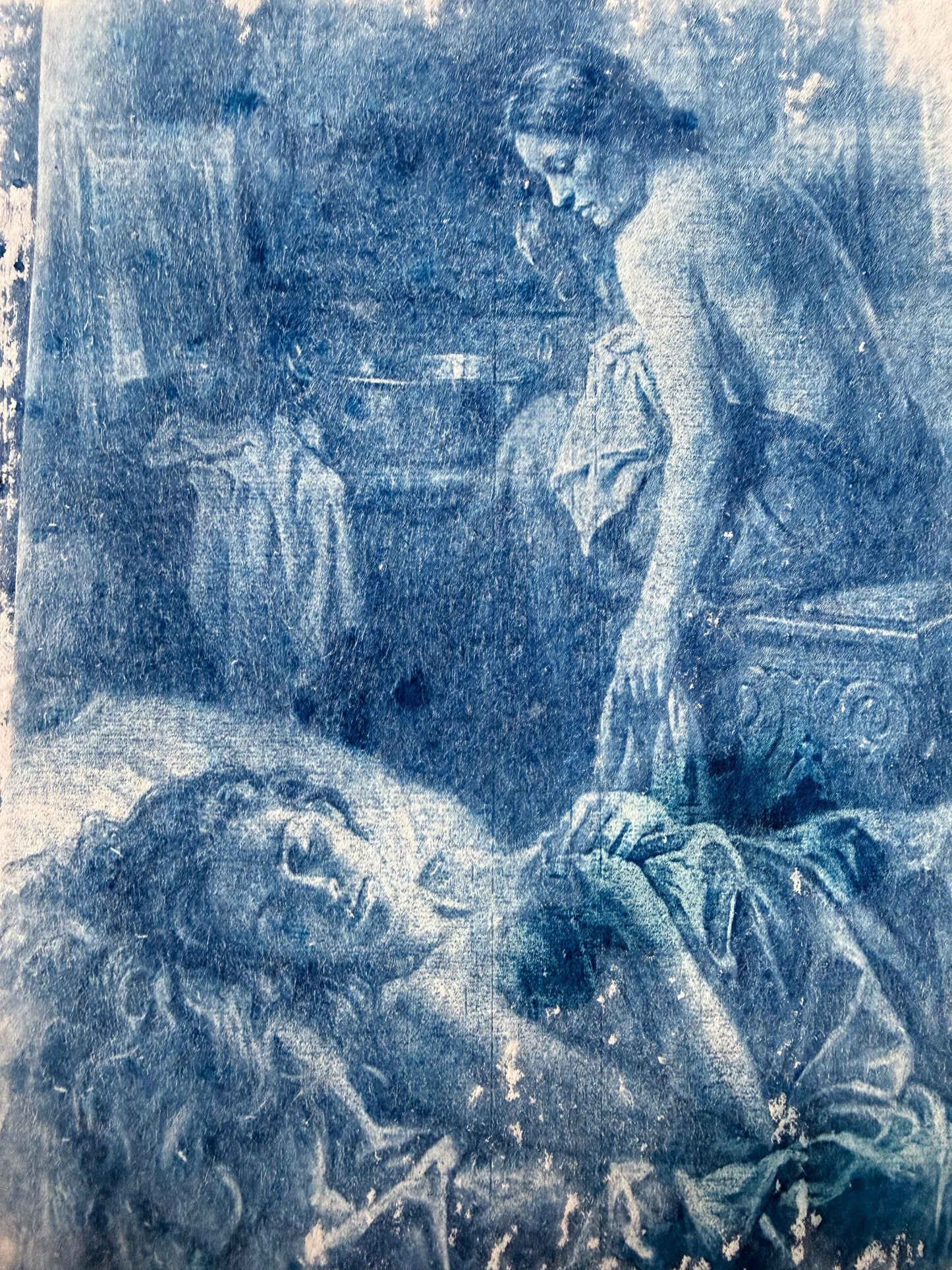 Lesbian Lovers Cyanotype Print, Original Handmade Blue Art on Cotton Rag Paper, A4, Romantic Sapphic Wall Art
