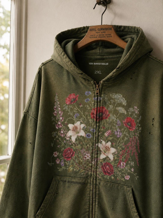 Cottagecore Wildflower Distressed Hoodie, Botanical Green Zip Up, Vintage Floral Graphic Jacket, Dark Academia Whimsigoth Sweatshirt, Poppy