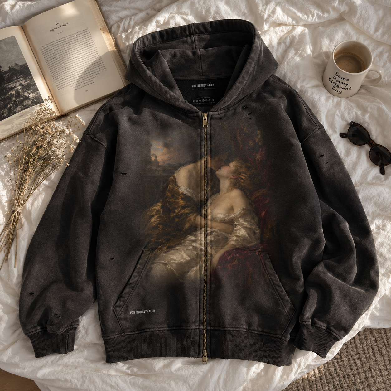 Vintage Renaissance Art Zip Up Hoodie, Sapphic Romantic Painting Distressed Sweatshirt, Dark Academia Lovers Jacket, Aesthetic Goth Hoodie
