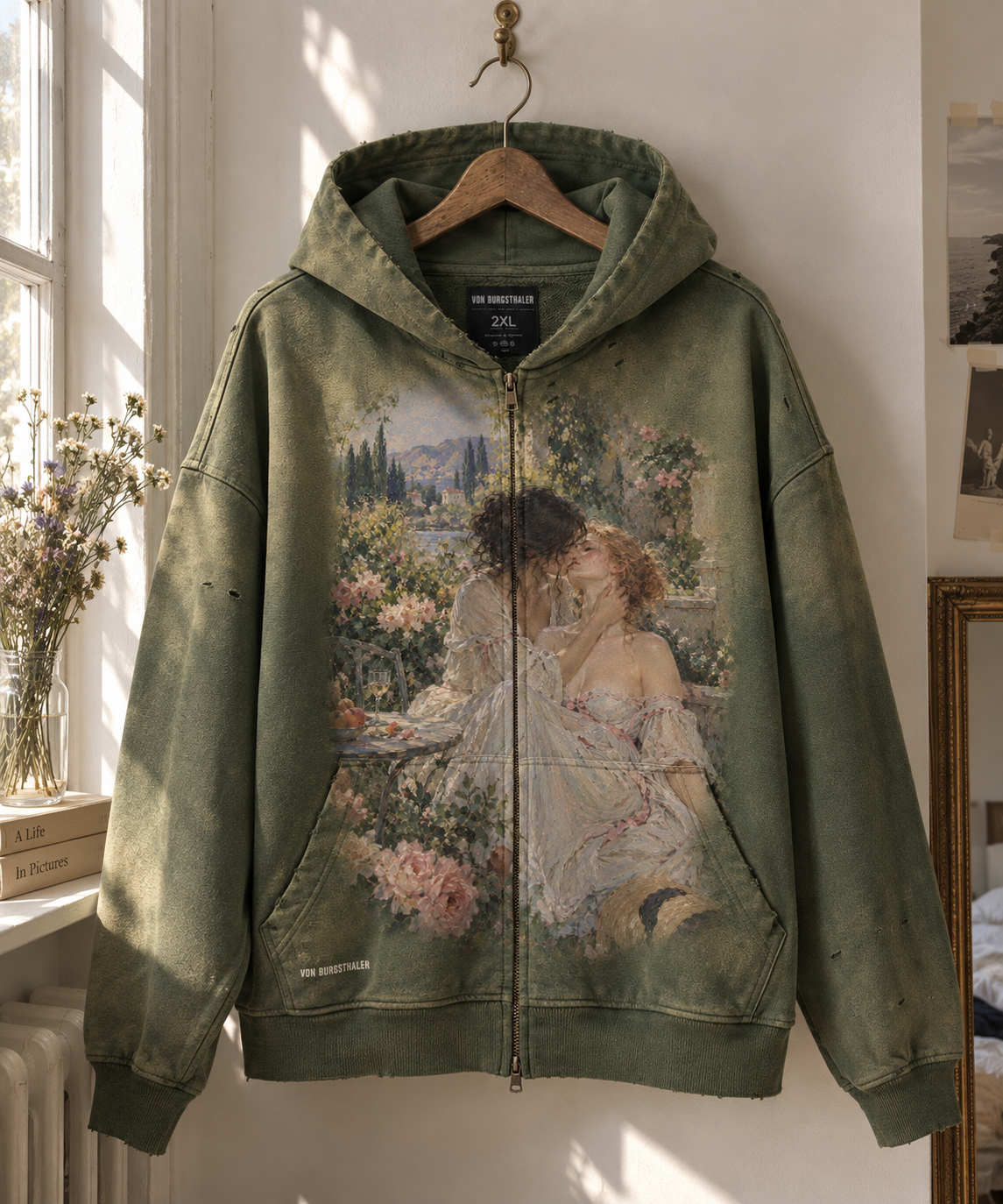 Sapphic Renaissance Art Distressed Zip-Up Hoodie