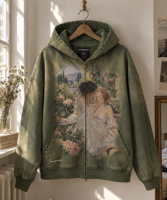 Sapphic Renaissance Art Distressed Zip-Up Hoodie
