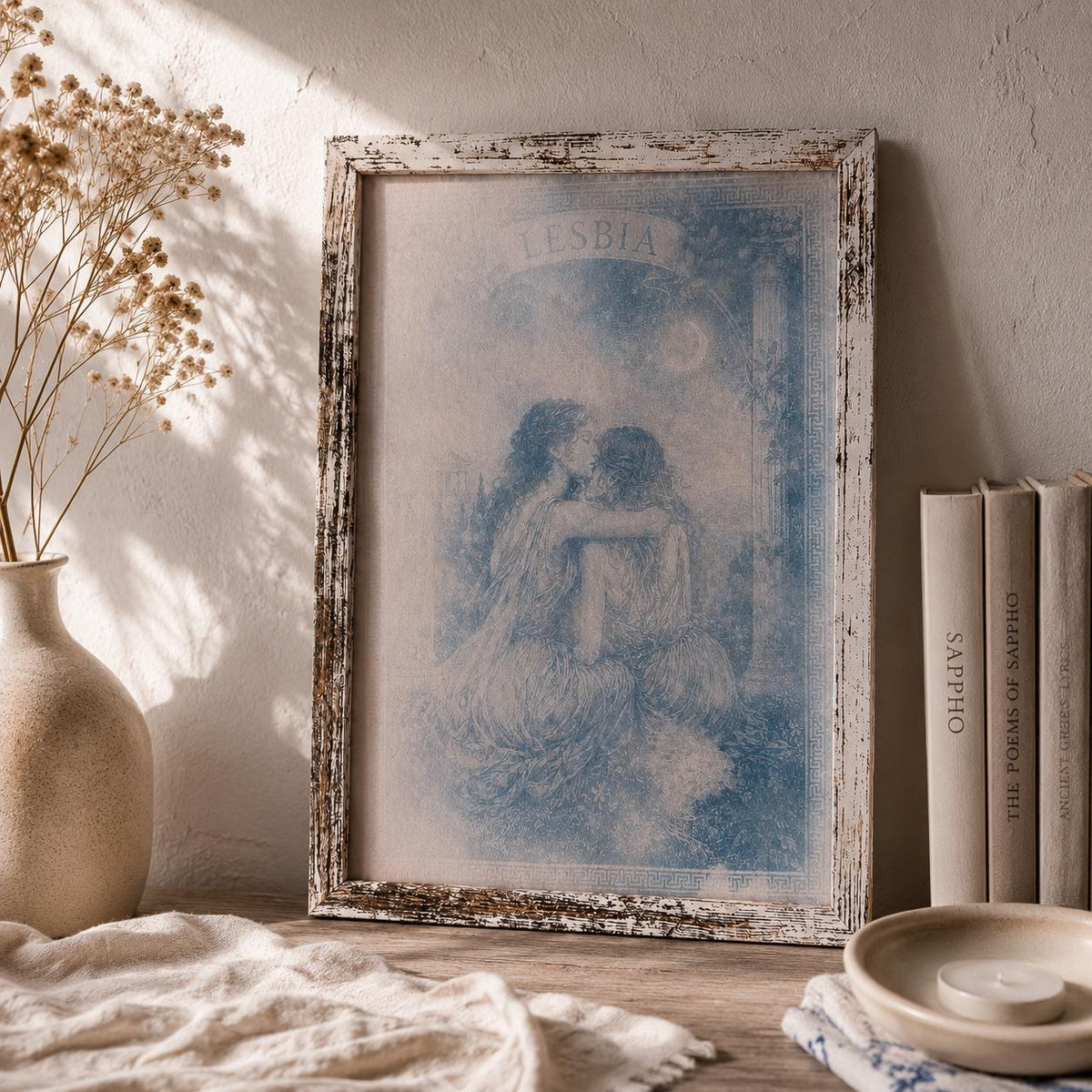 Lesbian Lovers Cyanotype Print, Original Handmade Blue Art on Cotton Rag Paper, A4, Romantic Sapphic Wall Art, Lesbia