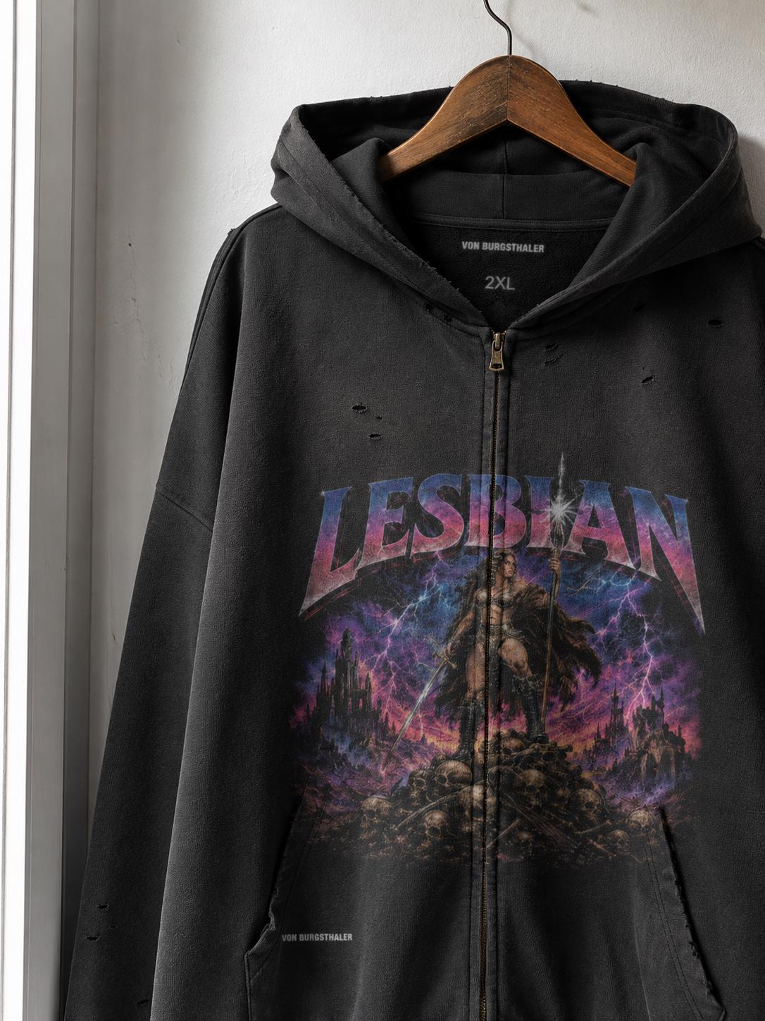 Lesbian Warrior Distressed Hoodie, Sapphic Heavy Metal Zip Up, Retro 80s Fantasy Graphic Jacket, Faded Black Gothic Pride Sweatshirt